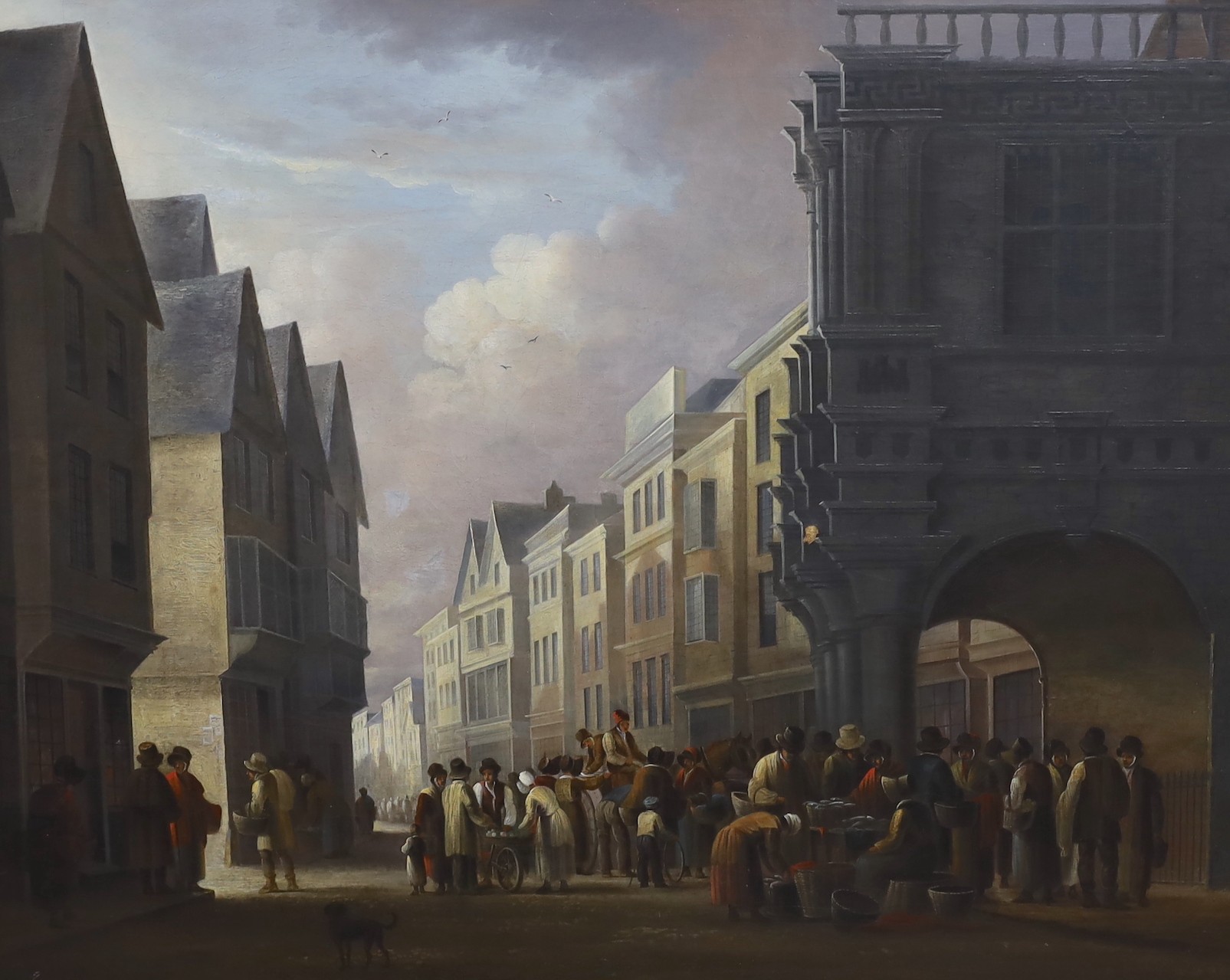 John Tucker (19th C.), oil on canvas, Street scene with numerous figures, inscribed verso and dated 1827, 50 x 63cm